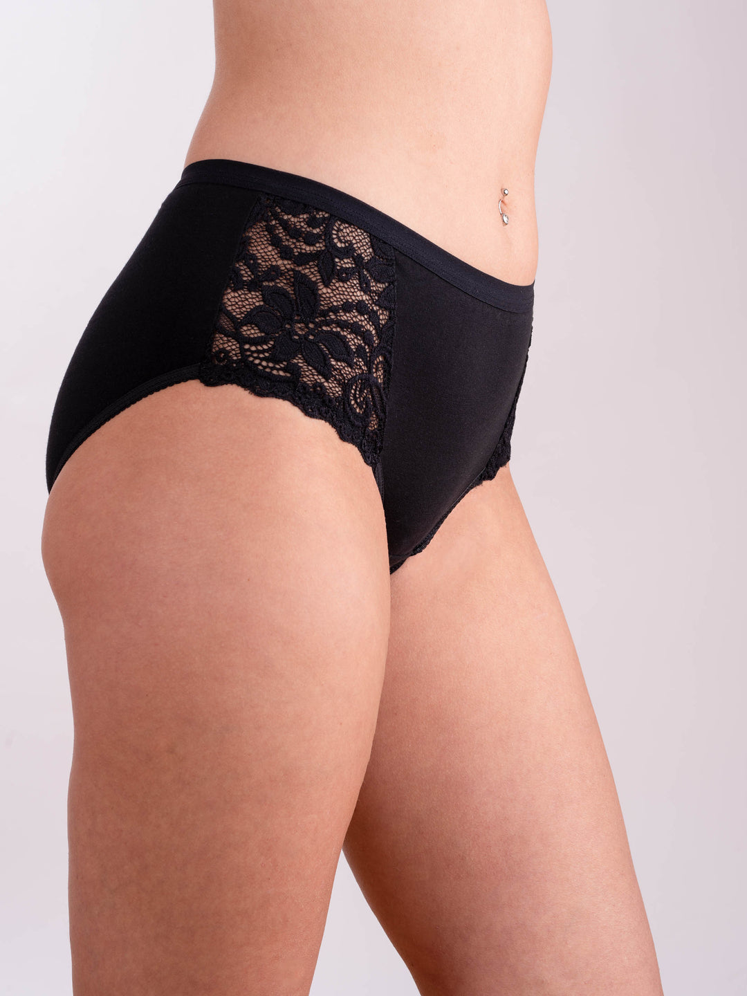 High-waist cotton brief with lace sides - Black - (3/3-black)